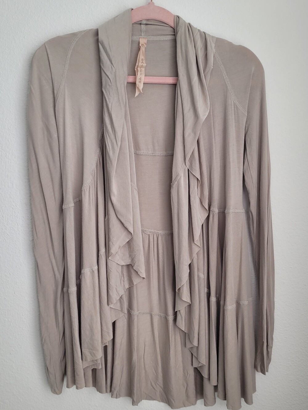 Bailey 44 Draped Open Front Tiered Ruffle Cardigan XS Taupe Grey USA Y2K